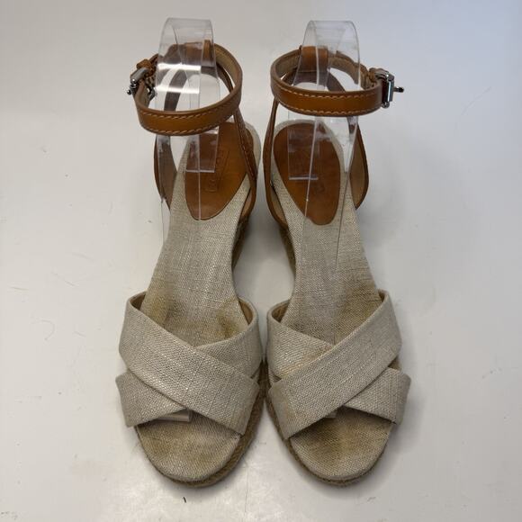 Coach Henley Beige Brown Ankle Strap Wedge Espadrille Sandals Womans 7 B Preppy - Picture 4 of 15